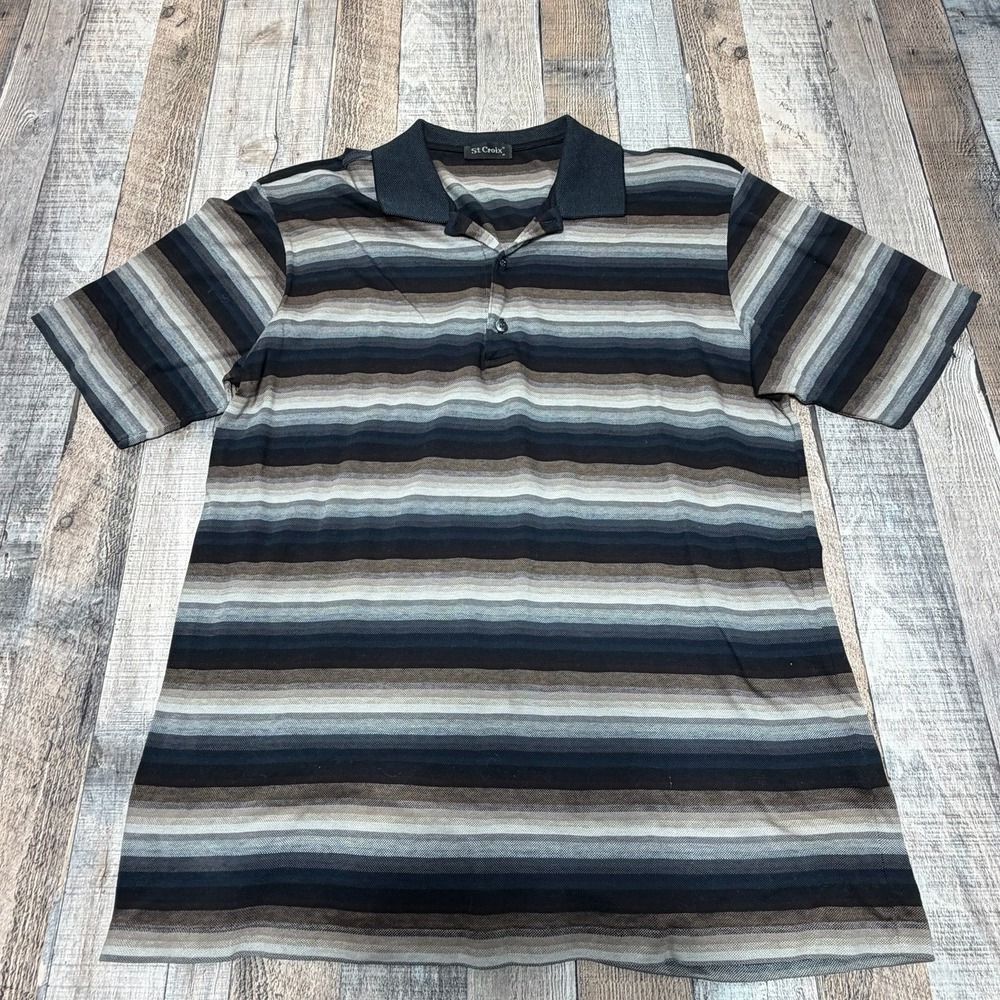 Vintage St. Croix Polo Shirt Mens‎ M Black Gray Striped Short Sleeve Knit Italy